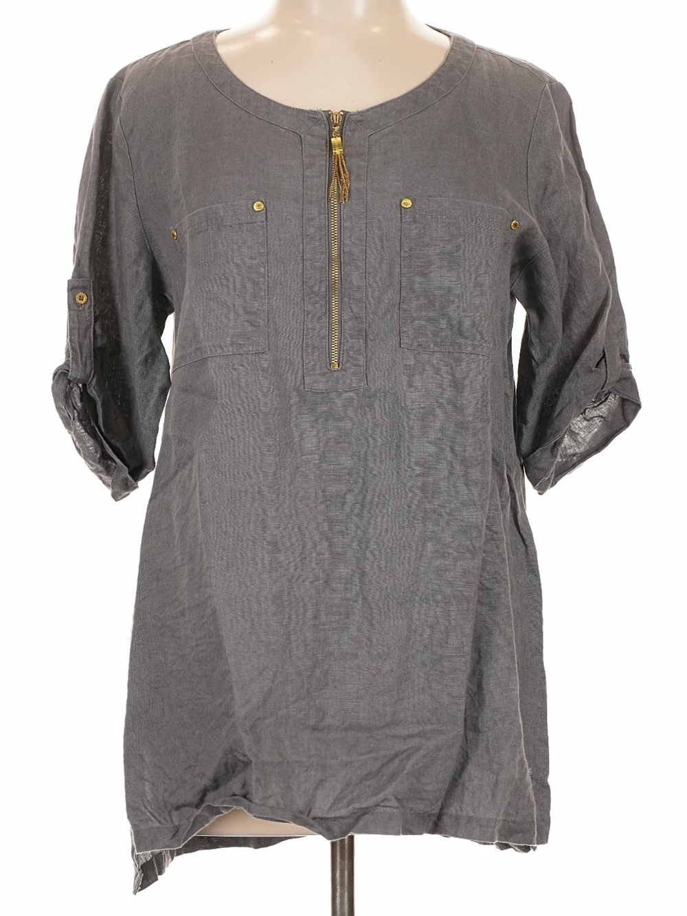 ⭐️Gray Linen Tunic Top with Gold-toneChain Tassel Zipper